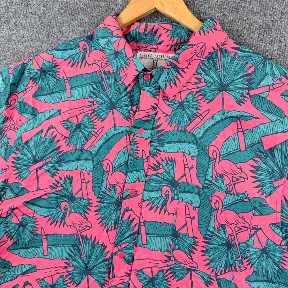 Savage Tacticians Shirt Mens XL Pink Blue Flamingo Guns Bullets Snap Button